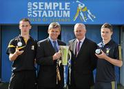 23 August 2010; ESB, proud sponsor of the GAA All-Ireland Minor Championship is creating Positive Energy ahead of this year’s ESB GAA Minor Hurling Championship Final in Croke Park on Sunday 5th September, where Kilkenny will face Clare. Pictured in Semple Stadium are, from left, Kilkenny captain Cillian Buckley, Ken McKervey, Commercial Manager, ESB Energy Solutions, Uachtarán Chumann Lúthchleas Gael, Criostóir Ó Cuana and Clare captain Paul Flanagan. Clare will be looking to upset the history books by adding to their maiden 1997 All Ireland victory, whilst Kilkenny will be trying to wrestle back the title they lost last year to Galway and add to their unrivalled 19 Minor Championships to date. ESB GAA Hurling All-Ireland Minor Championship Final Captains Photocall, Semple Stadium, Thurles, Co. Tipperary. Picture credit: Brendan Moran / SPORTSFILE