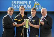 23 August 2010; ESB, proud sponsor of the GAA All-Ireland Minor Championship is creating Positive Energy ahead of this year’s ESB GAA Minor Hurling Championship Final in Croke Park on Sunday 5th September, where Kilkenny will face Clare. Pictured in Semple Stadium are, from left, Ken McKervey, Commercial Manager, ESB Energy Solutions, Kilkenny captain Cillian Buckley, Clare captain Paul Flanagan, and Uachtarán Chumann Lúthchleas Gael, Criostóir Ó Cuana. Clare will be looking to upset the history books by adding to their maiden 1997 All Ireland victory, whilst Kilkenny will be trying to wrestle back the title they lost last year to Galway and add to their unrivalled 19 Minor Championships to date. ESB GAA Hurling All-Ireland Minor Championship Final Captains Photocall, Semple Stadium, Thurles, Co. Tipperary. Picture credit: Brendan Moran / SPORTSFILE