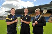 23 August 2010; ESB, proud sponsor of the GAA All-Ireland Minor Championship is creating Positive Energy ahead of this year’s ESB GAA Minor Hurling Championship Final in Croke Park on Sunday 5th September, where Kilkenny will face Clare. Pictured in Semple Stadium are, from left, Clare captain Paul Flanagan, Kilkenny captain Cillian Buckley, and Ken McKervey, Commercial Manager, ESB Energy Solutions. Clare will be looking to upset the history books by adding to their maiden 1997 All Ireland victory, whilst Kilkenny will be trying to wrestle back the title they lost last year to Galway and add to their unrivalled 19 Minor Championships to date. ESB GAA Hurling All-Ireland Minor Championship Final Captains Photocall, Semple Stadium, Thurles, Co. Tipperary. Picture credit: Brendan Moran / SPORTSFILE