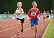 9 July 2016; Jack Fenlon of St Abbans A.C., Co Laois, and Jack O'Neill of St Cronans A.C., Co. Clare,  competing in the U12 Men 600m during the GloHealth National Juvenile Relay & B Championships at the Tullamore Harriers Stadium in Tullamore, Offaly. Photo by Sam Barnes/Sportsfile