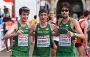 10 July 2016; Ireland athletes, from left, Paul Pollock, Kevin Seaward and Mick Clohisey after finishing the Men's Half-Marathon day five of the 23rd European Athletics Championships at the Olympic Stadium in Amsterdam, Netherlands. Photo by Brendan Moran/Sportsfile