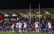 28 October 2017; Jordi Murphy of Leinster wins possession in a lineout during the Guinness PRO14 Round 7 match between Ulster and Leinster at Kingspan Stadium in Belfast. Photo by Ramsey Cardy/Sportsfile
