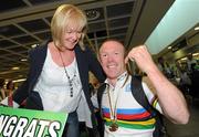 24 August 2010; Mark Rohan, from Athlone, Co. Westmeath, is greeted by his mother Carmel on his return home after securing Ireland's first ever Paracycling World Championship Gold Medal by winning the H1 Handcycling Road Race in Baie-Comeau Canada. Dublin Airport, Dublin. Picture credit: Brian Lawless / SPORTSFILE