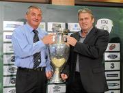 24 August 2010; Ireland manager Noel King, left, alongside assistant manager Harry King, hold the Coupe Henri Delaunay, Euopean Championship Cup. Irish Women’s U17 World Cup squad announcement, FAI Headquarters, Abbotstown, Dublin. Picture credit: Barry Cregg / SPORTSFILE