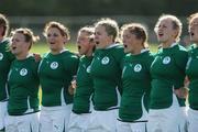24 August 2010: Ireland players singing Ireland's Call before kick off. 2010 Women's Rugby World Cup - Pool B, Ireland v USA, Surrey Sports Park, Guildford, England. Picture credit: Matt Impey / SPORTSFILE