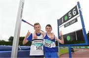 10 July 2016; Seán Kavanagh, left, from Midleton A.C., Co. Cork, and Joseph Gillespie, from Finn Valley A.C., Co. Donegal, who set a new championship best of 1.56m in the boy's under-13 high jump during the GloHealth National Juvenile Track & Field Championships Day 1 Tullamore Harriers Stadium, Tullamore. Photo by Matt Browne/Sportsfile