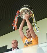 10 July 16; Conor Carson of Antrim with the cup at the Ulster GAA Hurling Senior Championship Final match between Antrim and Armagh at Derry GAA Centre of Excellence in Owenbeg, Derry. Photo by Philip Fitzpatrick/SPORTSFILE.