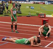 10 July 2016; Ireland athletes Thomas Barr, left, Brian Gregan and David Gillick react after after the Men's 4 x 400m Final on day five of the 23rd European Athletics Championships at the Olympic Stadium in Amsterdam, Netherlands. Photo by Brendan Moran/Sportsfile
