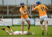 10 July 16; James Connolly of Antrim centre celebrates with John Dillon, right, after scoring his sides fifth goal during the Ulster GAA Hurling Senior Championship Final match between Antrim and Armagh at Derry GAA Centre of Excellence in Owenbeg, Derry. Photo by Oliver McVeigh/Sportsfile