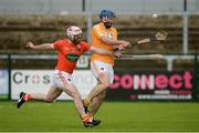 10 July 16; John Dillon of Antrim in action against Fiachra Bradley of Armagh during the Ulster GAA Hurling Senior Championship Final match between Antrim and Armagh at Derry GAA Centre of Excellence in Owenbeg, Derry. Photo by Oliver McVeigh/Sportsfile