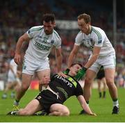 9 July 2016; Diarmuid O'Connor of Mayo is tackled by Barry Mulrone, left, and Che Cullen of Fermanagh during the GAA Football All-Ireland Senior Championship Round 2A match between Mayo and Fermanagh at Elvery's MacHale Park in Castlebar, Co. Mayo. Photo by Ramsey Cardy/Sportsfile