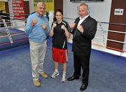 27 August 2010; Boxer Katie Taylor will top the bill when a selection from An Garda Siochana BC and Rylane Boxing Club take on the New York Police Department at a dinner show in the Rochestown Park Hotel, Cork, on November 6. It will be Taylor’s first appearance in Ireland after the defence of her world lightweight title in Barbados while the NYPD will be boxing in Cork for the third time. Pictured at the announcement are, from left, Det. Sgt. Larry Morrison, Manager/Coach of An Garda Boxing Team and Treasurer of the IABA, Katie Taylor and Dan Lane, Coach to Rylane Boxing Club. National Stadium, Dublin. Picture credit: Barry Cregg / SPORTSFILE