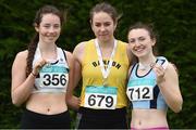10 July 2016; Aoibhinn O'Connor, centre, from Bandon A.C. Co. Cork, who won the under-17 long jump from second place Andie Maguire, left, from Donore Harriers, Dublin, and third place Olivia Bowes from Lagan Valley, A.C. Co. Antrim, during the GloHealth National Juvenile Track & Field Championships Day 1 Tullamore Harriers Stadium, Tullamore. Photo by Matt Browne/Sportsfile