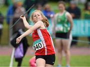 10 July 2016; Ciara Markey, from Fingallians A.C. Dublin, competing in the under-14 girls Javelin during the Glo Health National Juvenile Track & Field Championships Day 1 at Tullamore Harriers Stadium in Tullamore, Co. Offaly.  Photo by Matt Browne/Sportsfile