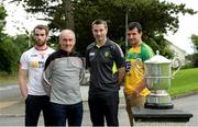 11 July 2016; Pictured are, from left to right, Tyrone's Ronan McNamee, Tyrone manager Mickey Harte, Donegal manager Rory Gallagher and Donegal's Frank McGlynn during a media event ahead of the Ulster football final at The Fir Trees Hotel in Strabane, Co Tyrone. Photo by Oliver McVeigh/Sportsfile