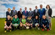 13 July 2016; Pictured at the announcement of the Sport Ireland Field Sports Investment at the National Sports Campus in Abbotstown is, back row, from left, Frances Kavanagh, Chair of Research Committee, Sport Ireland, Ard Stiúrthoir of the GAA Paraic Duffy, John Treacy, CEO, Sport Ireland, Minister of State for Tourism and Sport Patrick O’Donovan T.D., Kieran Mulvey, Chairman, Sport Ireland, IRFU Cheif Executive Philip Browne, FAI Chief Executive John Delaney and Dr. Úna May, Director of Participation and Ethics, Sport Ireland. Front row, from left, Grainne Gilmore, from Westmanstown Youth Rugby team, Ireland rugby seven's star Hannah Tyrrell, Kilkenny hurling star Richie Hogan, junior hurling player Aogán Hourican, Ireland senior international Aine O'Gorman and youth soccer player Ellie Ferguson. Photo by Ramsey Cardy/Sportsfile