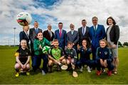 13 July 2016; Pictured at the announcement of the Sport Ireland Field Sports Investment at the National Sports Campus in Abbotstown is, back row, from left, Frances Kavanagh, Chair of Research Committee, Sport Ireland, Ard Stiúrthoir of the GAA Paraic Duffy, John Treacy, CEO, Sport Ireland, Minister of State for Tourism and Sport Patrick O’Donovan T.D., Kieran Mulvey, Chairman, Sport Ireland, IRFU Cheif Executive Philip Browne, FAI Chief Executive John Delaney and Dr. Úna May, Director of Participation and Ethics, Sport Ireland. Front row, from left, Grainne Gilmore, from Westmanstown Youth Rugby team, Ireland rugby seven's star Hannah Tyrrell, Kilkenny hurling star Richie Hogan, junior hurling player Aogán Hourican, Ireland senior international Aine O'Gorman and youth soccer player Ellie Ferguson. Photo by Ramsey Cardy/Sportsfile