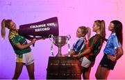 13 July 2016; Ladies Gaelic Football are set to Change the Record. Minister of State for Tourism and Sport, Patrick O’Donovan, T.D. launched the 2016 TG4 All Ireland Championships at Croke Park as the LGFA President, Marie Hickey announced that TG4 and the LGFA were joining forces to attempt to set a new attendance record for the TG4 All Ireland Championships. The previous record of 33,000 was set in 2001 when Laois played Mayo. The LGFA President also urged supporters of the game to start looking inwards to support the game rather than criticising a lack of media coverage. Pictured at the launch are, from left, Ciara Murphy, Kerry, Ciara McAnespie, Monaghan, Sarah Rowe, Mayo and Niamh McEvoy, Dublin. Photo by Brendan Moran/Sportsfile