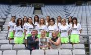 13 July 2016; Ladies Gaelic Football are set to Change the Record. Minister of State for Tourism and Sport, Patrick O’Donovan, T.D. launched the 2016 TG4 All Ireland Championships at Croke Park as the LGFA President, Marie Hickey announced that TG4 and the LGFA were joining forces to attempt to set a new attendance record for the TG4 All Ireland Championships. The previous record of 33,000 was set in 2001 when Laois played Mayo. The LGFA President also urged supporters of the game to start looking inwards to support the game rather than criticising a lack of media coverage. Pictured at the launch are players competing in the Senior Championship, from left, Ciara Hegarty, Donegal, Lyndsey Davey, Dublin, Laura McEnaney, Monaghan, Paula Dunne, Meath, Aislinn Desmond, Kerry, Jennifer Rogers, Westmeath, Sarah Rowe, Mayo, Sinead Green, Cavan, Sinead Ryan, Waterford, Edel Concannon, Galway, Mairead Tennyson, Armagh, and Aileen O'Loughlin, Laois, with Pól Ó Gallchóir, Ceannsaí, TG4, and Marie Hickey, President, Ladies Gaelic Football Association. Photo by Brendan Moran/Sportsfile