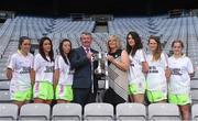 13 July 2016; Ladies Gaelic Football are set to Change the Record. Minister of State for Tourism and Sport, Patrick O’Donovan, T.D. launched the 2016 TG4 All Ireland Championships at Croke Park as the LGFA President, Marie Hickey announced that TG4 and the LGFA were joining forces to attempt to set a new attendance record for the TG4 All Ireland Championships. The previous record of 33,000 was set in 2001 when Laois played Mayo. The LGFA President also urged supporters of the game to start looking inwards to support the game rather than criticising a lack of media coverage. Pictured at the launch are players competing in the Junior Championship, from left, Clare Tomoney, Antrim, Ursula Murphy, London, Leah Mullins, Carlow, Mairéad Reynolds, Longford, Nicola Hurst, Lancashire, Ruagin Doherty, Derry, with Pól Ó Gallchóir, Ceannsaí, TG4, and Marie Hickey, President, Ladies Gaelic Football Association. Photo by Brendan Moran/Sportsfile