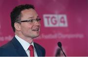 13 July 2016; Ladies Gaelic Football are set to Change the Record. Minister of State for Tourism and Sport, Patrick O’Donovan, T.D. launched the 2016 TG4 All Ireland Championships at Croke Park as the LGFA President, Marie Hickey announced that TG4 and the LGFA were joining forces to attempt to set a new attendance record for the TG4 All Ireland Championships. The previous record of 33,000 was set in 2001 when Laois played Mayo. The LGFA President also urged supporters of the game to start looking inwards to support the game rather than criticising a lack of media coverage. Pictured is the Minister of State for Tourism & Sport, Patrick O'Donovan. Photo by David Fitzgerald/Sportsfile