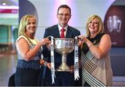 13 July 2016; Ladies Gaelic Football are set to Change the Record. Minister of State for Tourism and Sport, Patrick O’Donovan, T.D. launched the 2016 TG4 All Ireland Championships at Croke Park as the LGFA President, Marie Hickey announced that TG4 and the LGFA were joining forces to attempt to set a new attendance record for the TG4 All Ireland Championships. The previous record of 33,000 was set in 2001 when Laois played Mayo. The LGFA President also urged supporters of the game to start looking inwards to support the game rather than criticising a lack of media coverage. Pictured is Minister of State for Tourism & Sport, Patrick O'Donovan with LGFA Chief Executive Helen O'Rouke and LGFA President Marie Hickey. Photo by David Fitzgerald/Sportsfile