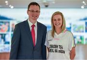 13 July 2016; Ladies Gaelic Football are set to Change the Record. Minister of State for Tourism and Sport, Patrick O’Donovan, T.D. launched the 2016 TG4 All Ireland Championships at Croke Park as the LGFA President, Marie Hickey announced that TG4 and the LGFA were joining forces to attempt to set a new attendance record for the TG4 All Ireland Championships. The previous record of 33,000 was set in 2001 when Laois played Mayo. The LGFA President also urged supporters of the game to start looking inwards to support the game rather than criticising a lack of media coverage. Pictured is the Minister of State for Tourism & Sport, Patrick O'Donovan with Ladies Footballer Claire Coughlin of Limerick. Photo by David Fitzgerald/Sportsfile