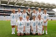 11 July 2010; INTO President Jim Higgins pictured with Kildare Girl's team during the Half-time Go Games at the Leinster GAA Football Championship Finals. Pictured are back row, from left, Aisling Greene, Hannah Hyland, Shiva Brennan, Stephanie Dunne, Claire Kavanagh and Emma Kirwan. Front row, from left, Becky Collins, Aoife Wade, Aoibheann McNamara and Ciara O'Connor. Croke Park, Dublin. Photo by Sportsfile