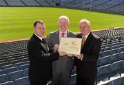 31 August 2010; Croke Park has become the first Heartsafe Stadium in Ireland in recognition of the level of care provided by the GAA and the facilities at the stadium. At the announcement are Stadium Director, Peter McKenna, left, Michael O'Shea, Chief Executive, Irish Heart Foundation and Uachtarán Chumann Lúthchleas Gael Criostóir Ó Cuana. Hogan Stand, Croke Park, Dublin. Picture credit: Ray McManus / SPORTSFILE