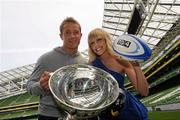 31 August 2010; Rugby presenter Maire Treasa Ni Dhubhghaill with Leinster's Luke Fitzgerald and the Magners League Cup at the Launch of TG4 Autumn Schedule 2010. The Aviva Stadium, Lansdowne Road, Dublin. Photo by Sportsfile