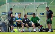 31 August 2010; Republic of Ireland players, left to right, Paul McShane, Richard Dunne and Shay Given, sit in the dug-out during squad training ahead of their EURO 2012 Championship Group B Qualifier against Armenia on Friday. Republic of Ireland squad training, Gannon Park, Malahide, Dublin. Picture credit: David Maher / SPORTSFILE