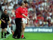22 July 2001; Cork manager Larry Tompkins sends on substitute Mark O'Sullivan in place of Joe Kavanagh during the Bank of Ireland All-Ireland Senior Football Championship Qualifier, round 4, match between Galway and Cork at Croke Park in Dublin. Photo by Brendan Moran/Sportsfile