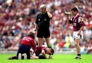 22 July 2001; Michael Donnellan of Galway receives treatment for an injury during the Bank of Ireland All-Ireland Senior Football Championship Qualifier, round 4, match between Galway and Cork at Croke Park in Dublin. Photo by Brendan Moran/Sportsfile