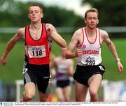 22 July 2001; Stephen McDonnell, Dublin Striders AC, left, and James Matthews, Crusaders AC, in action during the men's 400m hurdles. AAI National Track and Field Championships, Morton Stadium, Santry, Dublin. Athletics. Picture credit; David Maher / SPORTSFILE