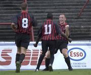 25 July 2001; Glen Crowe of Bohemians celebrates after scoring his 24th minute goal with team-mates Mark Rutherford, 11, and Stephen Caffrey during the UEFA Champions League Second Qualifying Round 1st Leg match between Bohemians and Halmstad BK at Dalymount Park in Dublin. Photo by Damien Eagers/Sportsfile