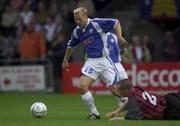 25 July 2001; Robert Andersson of Halmstads BK in action against Paul Shelly of Bohemians during the UEFA Champions League Second Qualifying Round 1st Leg match between Bohemians and Halmstad BK at Dalymount Park in Dublin. Photo by Damien Eagers/Sportsfile