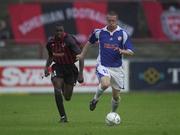 25 July 2001; Mikael Nilsson of Halmstads BK in action against Mark Rutherford of Bohemians during the UEFA Champions League Second Qualifying Round 1st Leg match between Bohemians and Halmstad BK at Dalymount Park in Dublin. Photo by Damien Eagers/Sportsfile