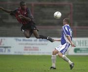 25 July 2001; Mark Rutherford of Bohemians in action against Mikael Nilsson of Halmstad during the UEFA Champions League Second Qualifying Round 1st Leg match between Bohemians and Halmstad BK at Dalymount Park in Dublin. Photo by Damien Eagers/Sportsfile