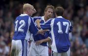 25 July 2001; Tommy Jonsson, centre, celebrates after scoring his first goal with team-mates Mikal Nilsson, and Petter Hansson during the UEFA Champions League Second Qualifying Round 1st Leg match between Bohemians and Halmstad BK at Dalymount Park in Dublin. Photo by Damien Eagers/Sportsfile