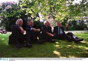 26 July 2001; Pictured prior to the announcement of the grants for regional sports grounds under the 2001 Sports Capital Programme outside the Shelbourne Hotel, Dublin are, l to r, Milo Corcoran, President of the FAI, Dr. Jim McDaid T.D. Minister for Tourism, Sport and Recreation, Liam Mulvihill, Director General of the GAA and Noel Murphy, IRFU. Picture credit; Pat Murphy / SPORTSFILE