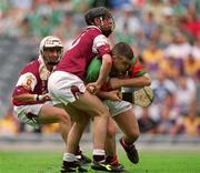 29 July 2001; Derry goalkeeper Kieran Stevenson is tackled by Alan Kerins of Galway during the All-Ireland Senior Football Championship Semi-Final match between Galway and Derry at Croke Park in Dublin. Photo by Damien Eagers/Sportsfile