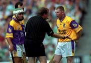 29 July 2001; Referee Michael Wadding demands the sliotar from Wexford goalkeeper Damien Fitzhenry during the Guinness All-Ireland Senior Hurling Championship Quarter-Final match between Wexford and Limerick at Croke Park in Dublin. Photo by Damien Eagers/Sportsfile