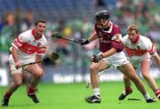 29 July 2001; Cathal Moore of Galway in action against Ronan McCloskey, left, and Kieran McKeever of Derry during the Guinness All-Ireland Senior hurling Championship Quarter-Final match between Galway and Derry at Croke Park in Dublin. Photo by Damien Eagers/Sportsfile