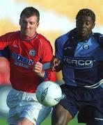 27 July 2001; Jim Gannon of Shelbourne in action against Gavin Houligan of Wycombe Wanderers during the pre-season friendly match between Shelbourne and Wycombe Wanderers at Tolka Park in Dublin. Photo by David Maher/Sportsfile