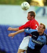 27 July 2001; Jonathan Minnock of Shelbourne in action against Dave Carroll of Wycombe Wanderers during the pre-season friendly match between Shelbourne and Wycombe Wanderers at Tolka Park in Dublin. Photo by David Maher/Sportsfile