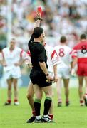 5 August 2001; Peter Canavan of Tyrone is sent off by referee Pat McEneaney during the Bank of Ireland All-Ireland Senior Football Championship Quarter-Final match between Derry v Tyrone at St. Tiernach's Park in Clones, Monaghan. Photo by David Maher/Sportsfile