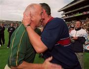 5 August 2001; Meath manager Sean Boylan is embraced by Westmeath manager Luke Dempsey during the Bank of Ireland All-Ireland Senior Football Championship Quarter-Final match between Meath and Westmeath at Croke Park in Dublin. Photo by Aoife Rice/Sportsfile
