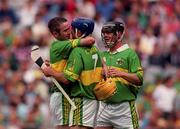 5 August 2001; Kerry players, from left, Michael Lucid, Willie Joe Leen and Conor Flaherty celebrate their victory during the Allianz National Hurling League Division 2 Final match between Kerry v Westmeath at Croke Park in Dublin. Photo by Ray McManus/Sportsfile