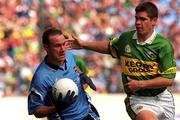4 August 2001; Paul Curran of Dublin in action against Eamon Fitzmaurice of Kerry during the Bank of Ireland All-Ireland football Championship Quarter Final match between Dublin and Kerry at Semple Stadium in Thurles, Tipperary. Photo by Damien Eagers/Sportsfile