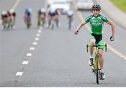 14 July 2016; Robert O'Leary of Ireland National Team celebrates as he approaches the finish line to win Stage 3 of the 2016 Scott Bicycles Junior Tour of Ireland, Ennis, Co. Clare. Picture credit: Stephen McMahon/SPORTSFILE